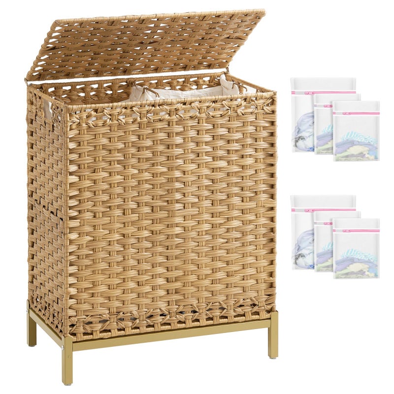 SETVSON Laundry Hamper with Lid, 112 L Handwoven Rattan Wicker Laundry Basket, 2 Removable Liner Bags Metal Heightened Feet, 6 Mesh Bags, 2 Section Large Clothes Hamper for Bathroom Bedroom, Natural - Image 1