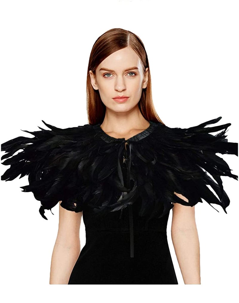 L'VOW Black Feather Shrug Cape Shawl Collar Halloween Costumes for Women (Black-004) - Image 2