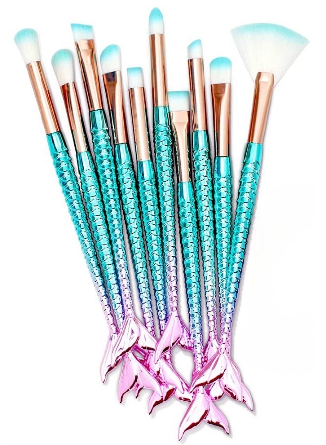 طقم فرش مكياج 8 قطع بتصميم ذيل حورية البحر الملون - فرش أساس، حواجب، وبلشر عالية الجودة | هدايا مثالية للكريسماس، عيد الميلاد، أو حشو سلال عيد الفصح والمراهقات. - Image 1