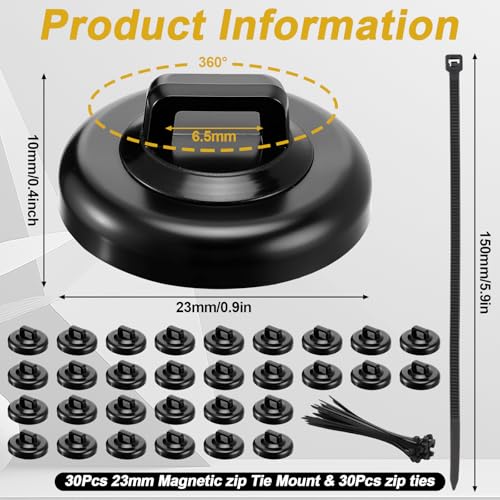 Leinuosen 30 Set Magnetic Zip Tie Mount and Nylon Cable Ties 23 mm Multipurpose Wire Cable Holder Mount Wire Clips Management Electrical Organization Supplies Black - Image 3