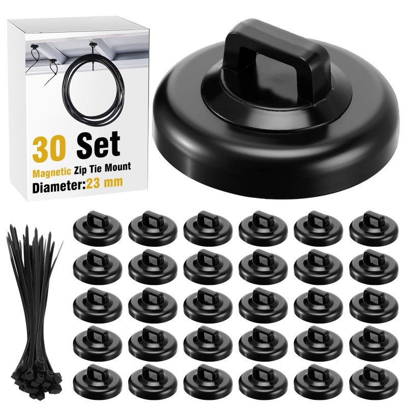 Leinuosen 30 Set Magnetic Zip Tie Mount and Nylon Cable Ties 23 mm Multipurpose Wire Cable Holder Mount Wire Clips Management Electrical Organization Supplies Black - Image 2