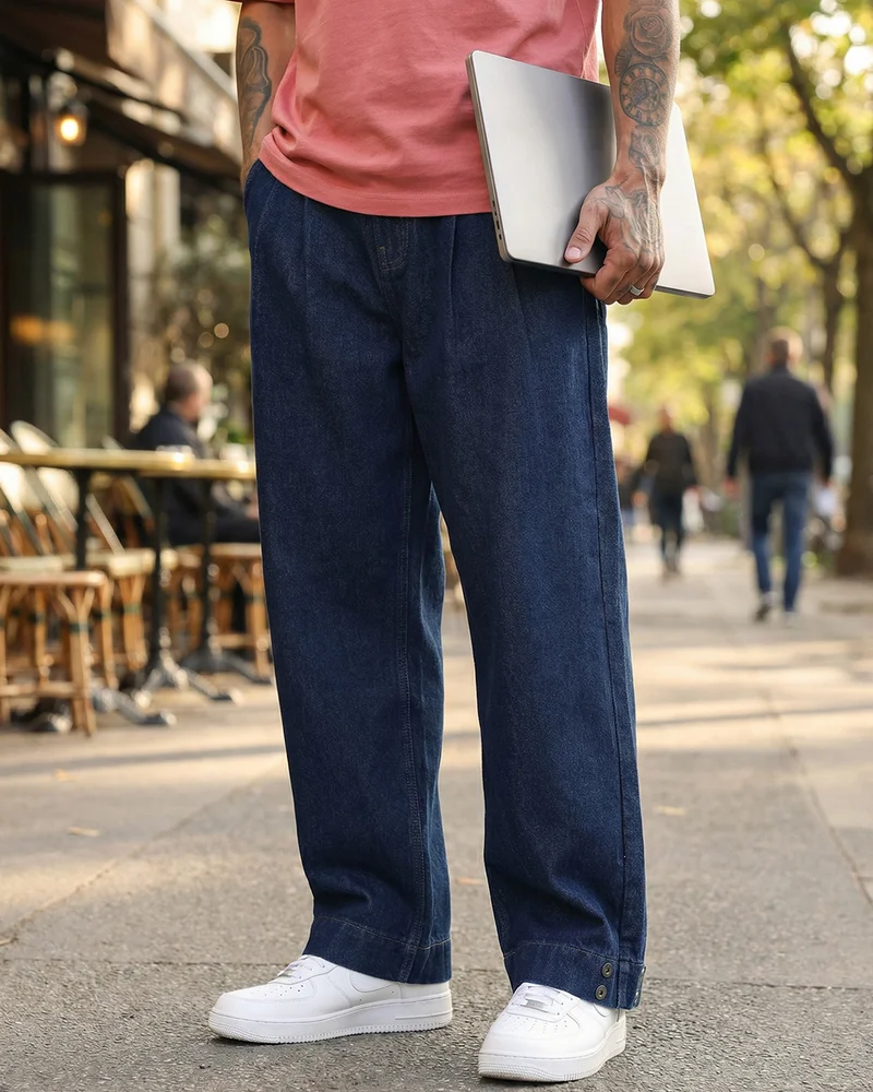 بيواكوف Men's Rinse Blue Baggy Fit Japanese Jeans