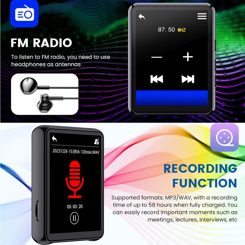 مشغل MP3 بلوتوث بسعة 16 جيجابايت - واجهة شاشة لمس بديهية، اتصال بلوتوث 5.0 مستقر، دعم صوت عالي الدقة، متعدد الوظائف مع راديو FM، تسجيل الصوت، قراءة الكتب الإلكترونية لعشاق الموسيقى، محبي الهواء الطلق - Image 2