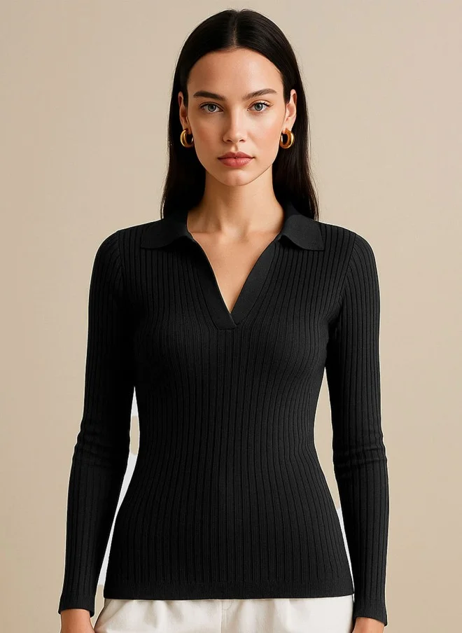 ساسافراس Black Striped Long Sleeve Cotton Top for Women