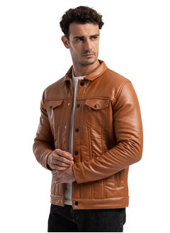 clever Men's Leather Jacket-Turkish - With Collar With Fur- Havana  - Image 1