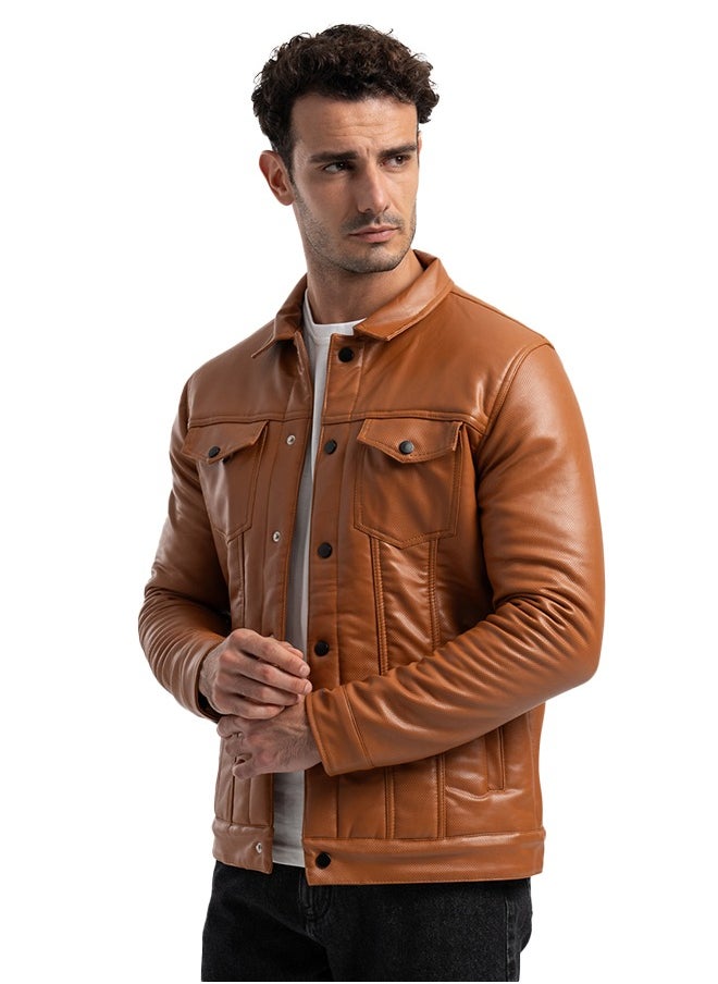 clever - Men's Leather Jacket-Turkish - With Collar With Fur- Havana - Image 1