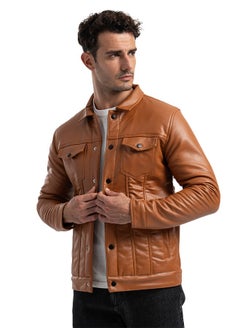 clever Men's Leather Jacket-Turkish - With Collar With Fur- Havana  - Image 2