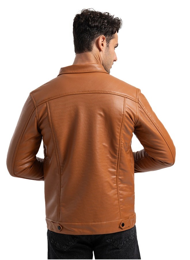 clever - Men's Leather Jacket-Turkish - With Collar With Fur- Havana - Image 1