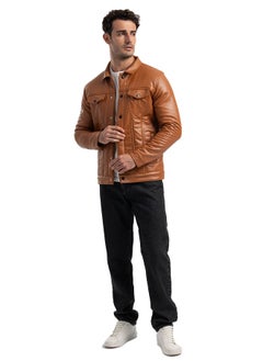 clever Men's Leather Jacket-Turkish - With Collar With Fur- Havana  - Image 4
