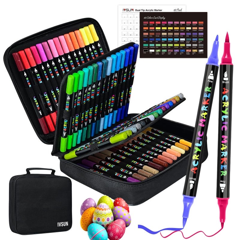 IVSUN Acrylic Paint Pens, 60 Colors Dual Tip Paint Markers with Fine Tip and Brush Tip for Stone, Wood, Canvas, Calligraphy, Ceramic, Metal, Glass, Rock Painting, DIY Crafts Art Supplies Kit - Image 1