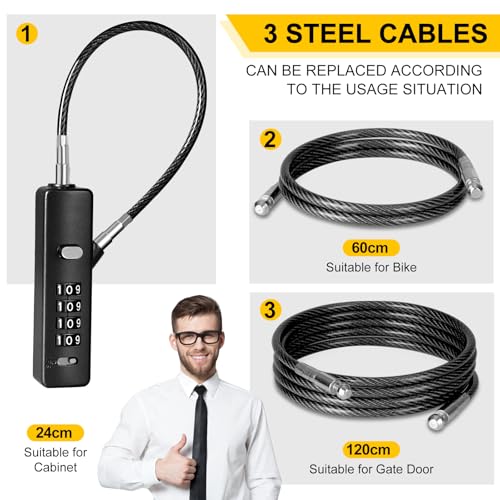 DELSWIN Cable Locks with Combination, 4-Digit Gate Lock with 3 Steel Ropes (9'' /23.6'' /47.2''), Security Cable Lock for Luggage,Helmet,Gym Locker,Cabinet,Gate,Scooter,Bike(Black) - Image 2