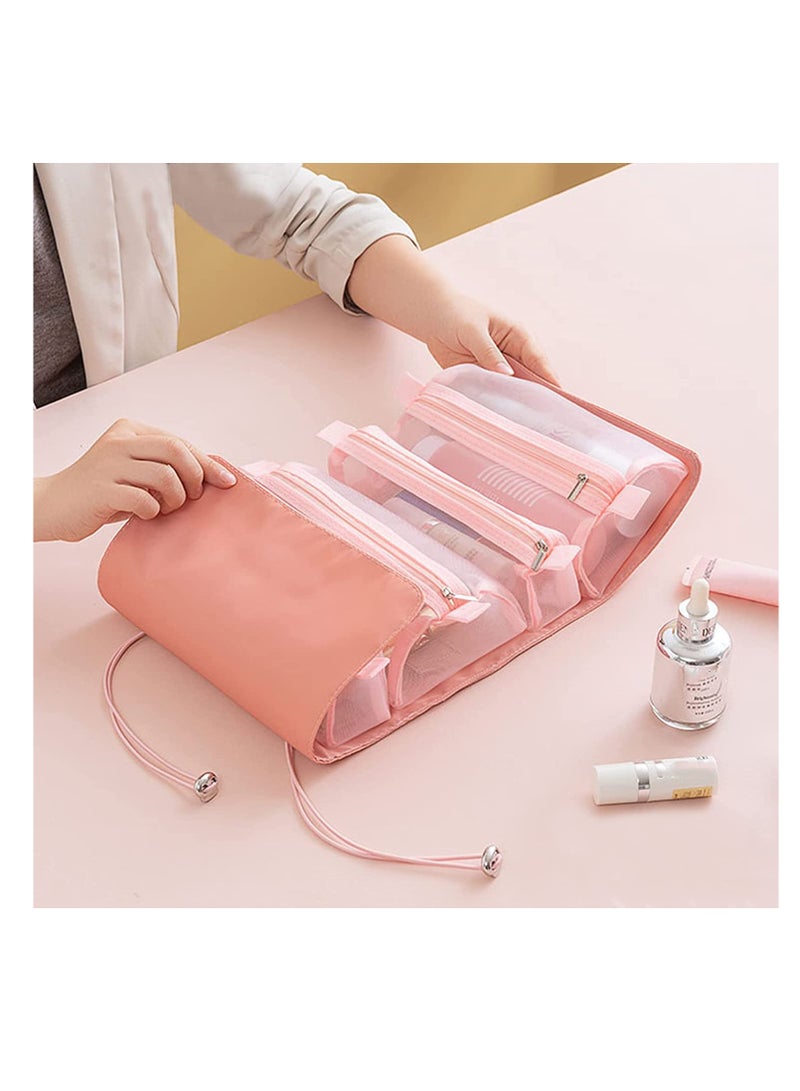 Barakah Small Makeup Bag for Women - Portable Cosmetic Travel Toiletry Organizer, Rolling Make Up with 4 Detachable Storage Bags Cosmetics Accessories (Pink) - Image 4