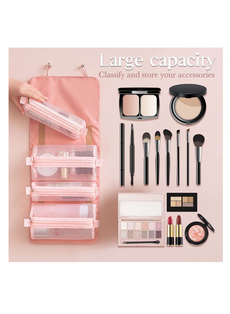 Barakah Small Makeup Bag for Women - Portable Cosmetic Travel Toiletry Organizer, Rolling Make Up with 4 Detachable Storage Bags Cosmetics Accessories (Pink) - Image 2