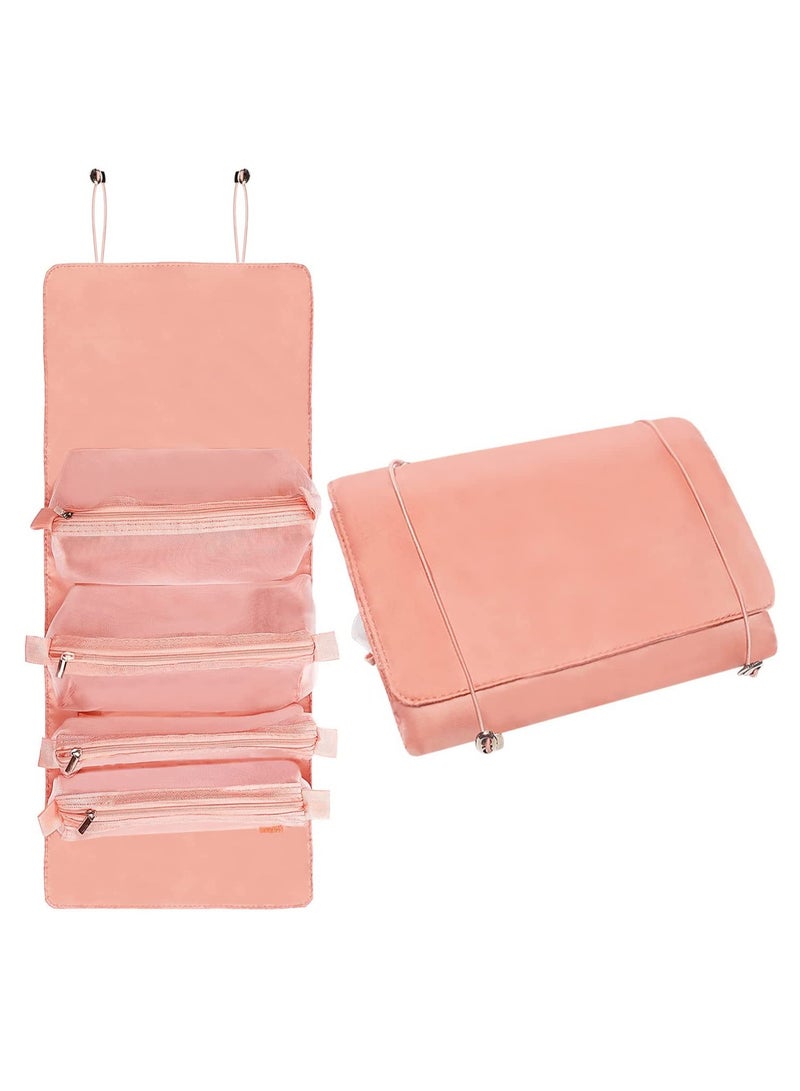 Barakah Small Makeup Bag for Women - Portable Cosmetic Travel Toiletry Organizer, Rolling Make Up with 4 Detachable Storage Bags Cosmetics Accessories (Pink) - Image 1