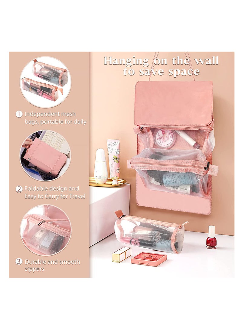 Barakah Small Makeup Bag for Women - Portable Cosmetic Travel Toiletry Organizer, Rolling Make Up with 4 Detachable Storage Bags Cosmetics Accessories (Pink) - Image 3