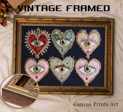 WWN Vintage Gold Framed Gothic Wall Art Maximalist Witchy Psychedelic Eyes Canvas Prints Dark Academia Poster Eclectic Love Heart Jewel Gem Painting Picture Artwork for Bedroom Living Room Decoration - Image 5