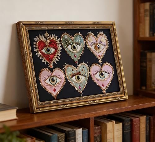 WWN Vintage Gold Framed Gothic Wall Art Maximalist Witchy Psychedelic Eyes Canvas Prints Dark Academia Poster Eclectic Love Heart Jewel Gem Painting Picture Artwork for Bedroom Living Room Decoration - Image 2