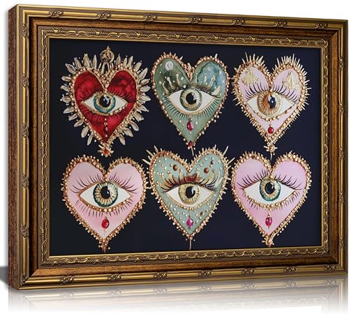 WWN Vintage Gold Framed Gothic Wall Art Maximalist Witchy Psychedelic Eyes Canvas Prints Dark Academia Poster Eclectic Love Heart Jewel Gem Painting Picture Artwork for Bedroom Living Room Decoration - Image 1