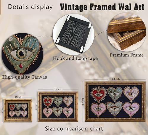 WWN Vintage Gold Framed Gothic Wall Art Maximalist Witchy Psychedelic Eyes Canvas Prints Dark Academia Poster Eclectic Love Heart Jewel Gem Painting Picture Artwork for Bedroom Living Room Decoration - Image 4