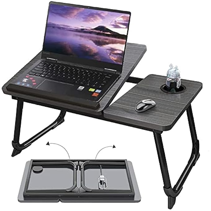 rayihni FOLDABLE LAPTOP DESK | PORTABLE BED TRAY TABLE WITH ADJUSTABLE HEIGHT & TILT | NON-SLIP LAP DESK WITH CUP HOLDER FOR READING, STUDYING, EATING, SOFA & COUCH USE - Image 1