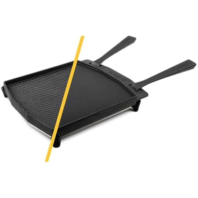 أوني صينية شواء مزدوجة الجوانب من الحديد الزهر مقاس 37 × 33 سم، قابلة للعكس مع مقبض قابل للإزالة وحامل ثلاثي القوائم من الفولاذ المقاوم للصدأ، غير لاصق، آمنة للاستخدام في الفرن، أدوات طهي فرن بيتزا وملحقات الشواء - Image 3