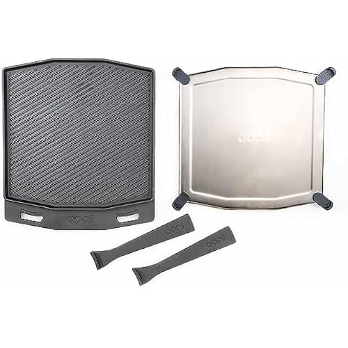 أوني صينية شواء مزدوجة الجوانب من الحديد الزهر مقاس 37 × 33 سم، قابلة للعكس مع مقبض قابل للإزالة وحامل ثلاثي القوائم من الفولاذ المقاوم للصدأ، غير لاصق، آمنة للاستخدام في الفرن، أدوات طهي فرن بيتزا وملحقات الشواء - Image 1