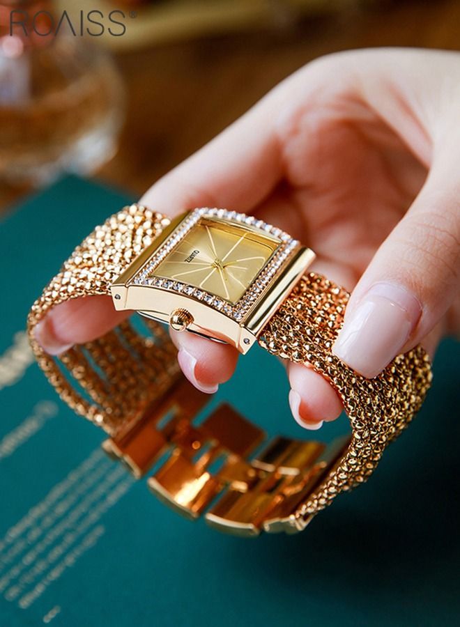 roaiss Ladies Rhinestone Watch - Luxury Fashion Bracelet Analog Quartz Watch Square Crystal Large Dial Women's Watch, Gold  - Image 4