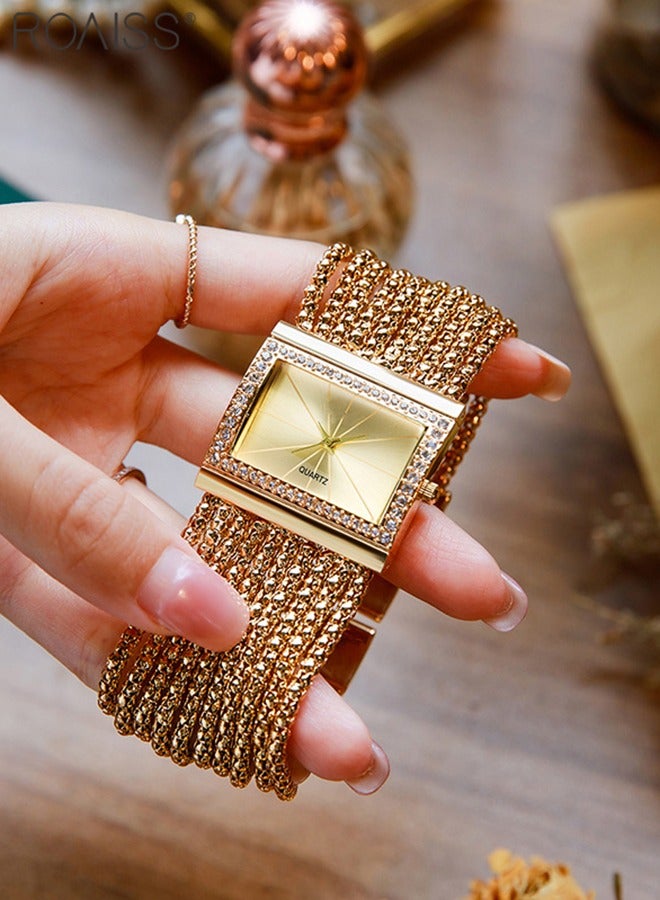 roaiss Ladies Rhinestone Watch - Luxury Fashion Bracelet Analog Quartz Watch Square Crystal Large Dial Women's Watch, Gold  - Image 1