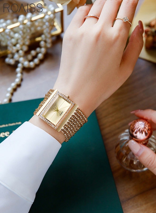 roaiss Ladies Rhinestone Watch - Luxury Fashion Bracelet Analog Quartz Watch Square Crystal Large Dial Women's Watch, Gold  - Image 3