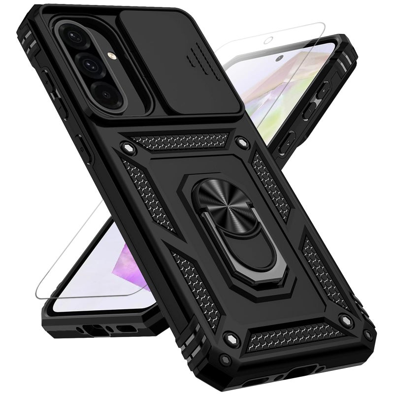PUSHIMEI for Samsung Galaxy A36 5G Case with Slide Camera Cover HD Screen Protector [Military Grade 16ft. Drop Tested] Magnetic Ring Holder Kickstand Protective Phone Case for Galaxy A36 5G 2025, Black - Image 1