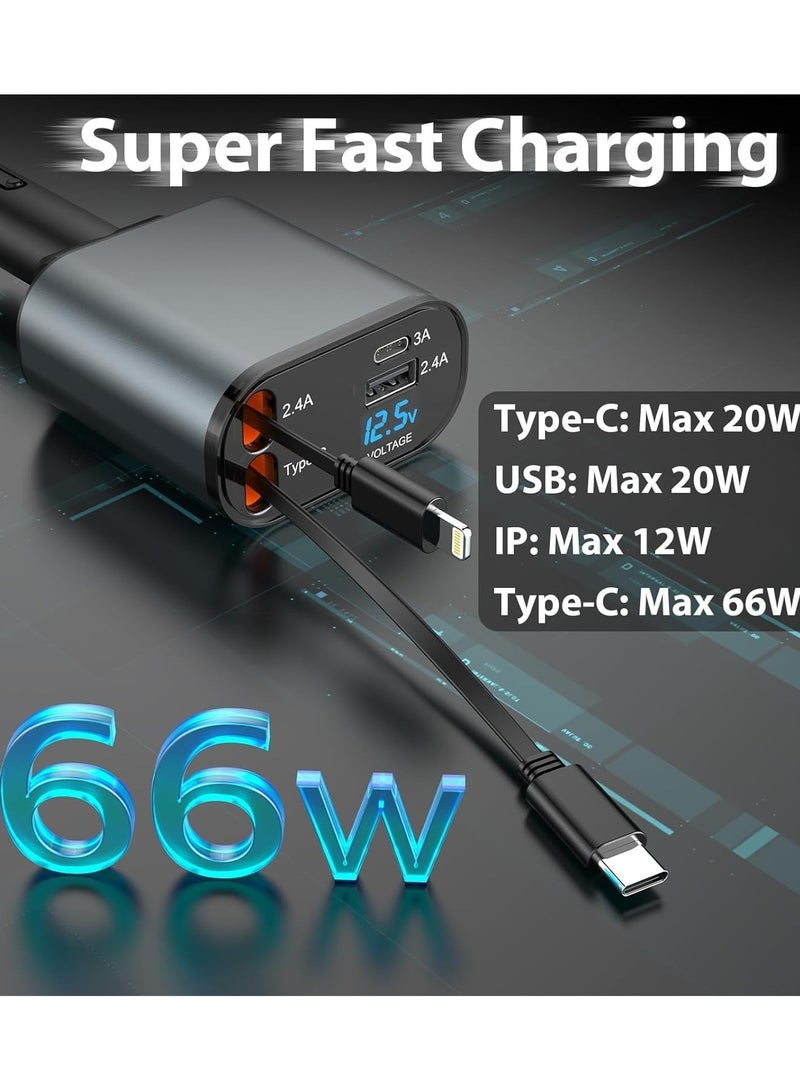 بيوينتي شاحن سيارة متعدد القابل للسحب، شاحن سيارة سريع 4 في 1 بقوة 100 واط، كابلات قابلة للسحب بطول 2.6 قدم (8 أقدام) مخصصة لـ iPhone وType C، مع منفذي شحن متوافقين مع iPhone 15/14/13/12 Pro Max، Samsung S2 - Image 2