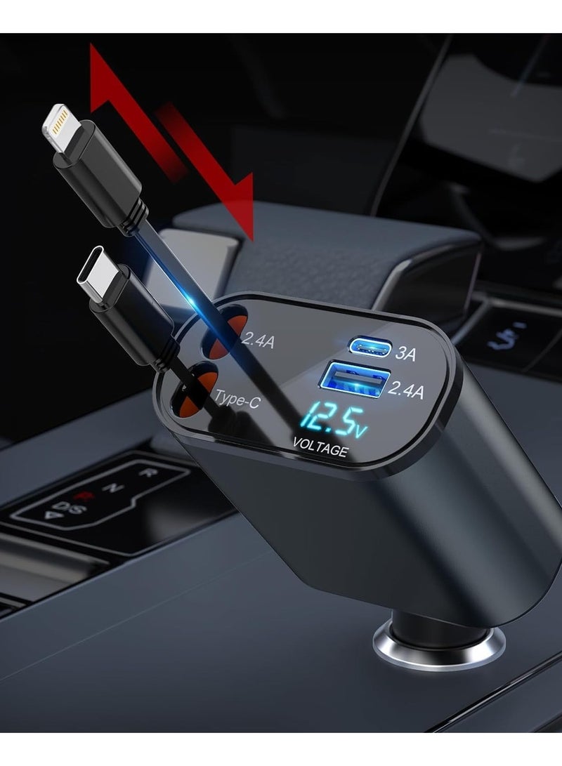 بيوينتي شاحن سيارة متعدد القابل للسحب، شاحن سيارة سريع 4 في 1 بقوة 100 واط، كابلات قابلة للسحب بطول 2.6 قدم (8 أقدام) مخصصة لـ iPhone وType C، مع منفذي شحن متوافقين مع iPhone 15/14/13/12 Pro Max، Samsung S2 - Image 1
