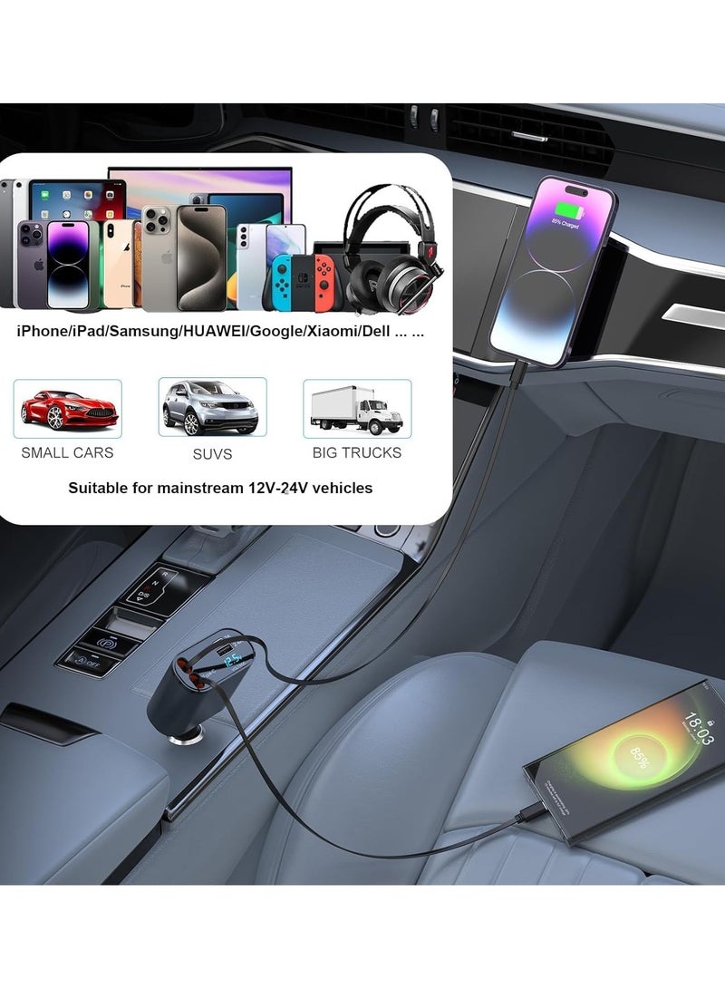 بيوينتي شاحن سيارة متعدد القابل للسحب، شاحن سيارة سريع 4 في 1 بقوة 100 واط، كابلات قابلة للسحب بطول 2.6 قدم (8 أقدام) مخصصة لـ iPhone وType C، مع منفذي شحن متوافقين مع iPhone 15/14/13/12 Pro Max، Samsung S2 - Image 4