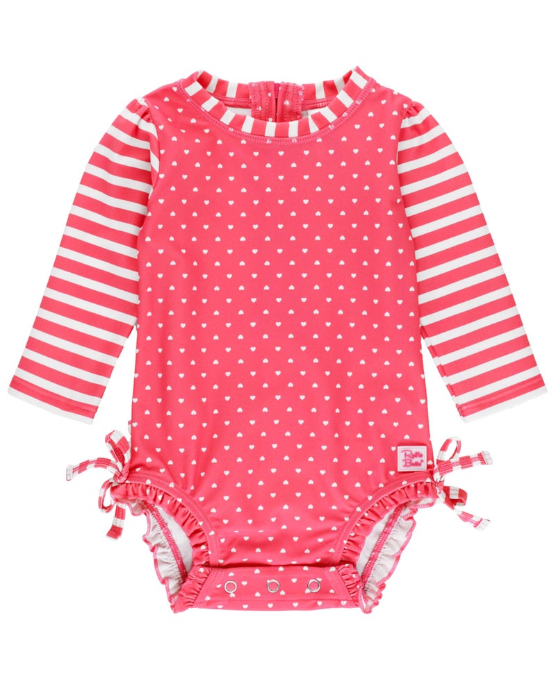 RuffleButts Baby Girls UPF 50 Sun Protection Polka Dot Long Sleeve One Piece Rash Guard Swimsuit with Zipper Hot Pink Heart 3T - Image 2
