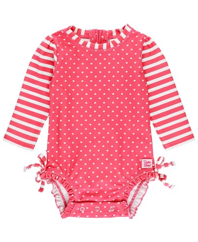 RuffleButts Baby Girls UPF 50 Sun Protection Polka Dot Long Sleeve One Piece Rash Guard Swimsuit with Zipper Hot Pink Heart 3T - Image 1