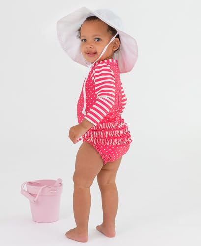 RuffleButts Baby Girls UPF 50 Sun Protection Polka Dot Long Sleeve One Piece Rash Guard Swimsuit with Zipper Hot Pink Heart 3T - Image 3