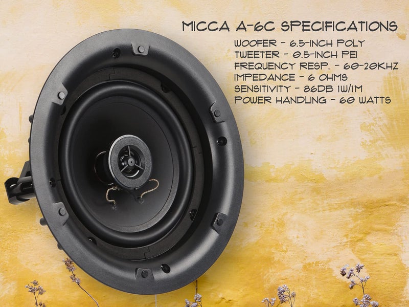 Micca مكبرات صوت دائرية في السقف أو الجدار من ميكا 6.5 بوصة 2-طريق، عبوة 4، ووفر 6.5 بوصة، قطر قطع 8 بوصة، تصميم منخفض بدون حواف، للغرف الداخلية أو الشرفات الخارجية المغطاة، بيضاء، قابلة للدهان - Image 4