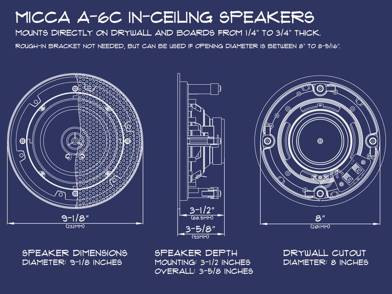 Micca مكبرات صوت دائرية في السقف أو الجدار من ميكا 6.5 بوصة 2-طريق، عبوة 4، ووفر 6.5 بوصة، قطر قطع 8 بوصة، تصميم منخفض بدون حواف، للغرف الداخلية أو الشرفات الخارجية المغطاة، بيضاء، قابلة للدهان - Image 2