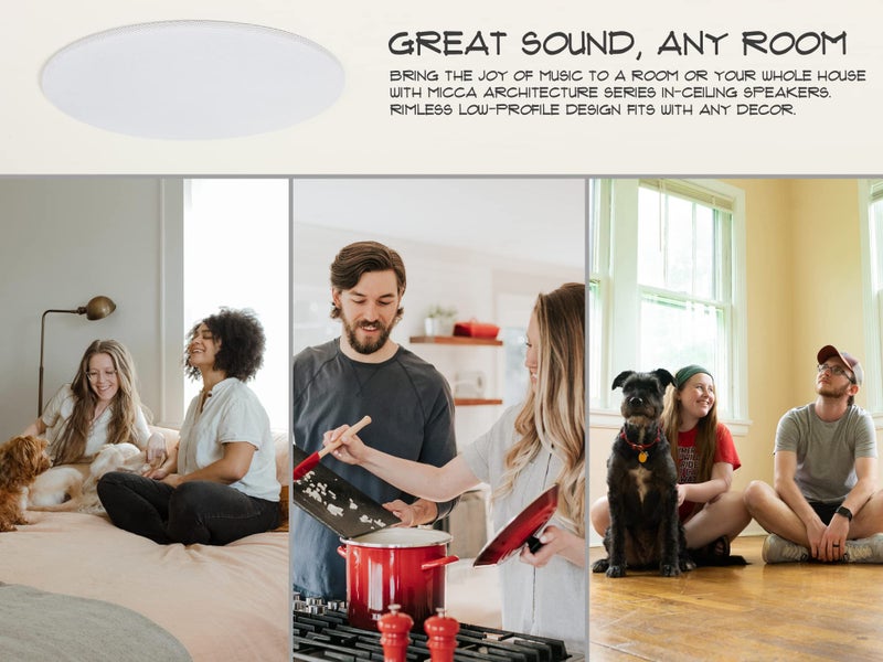 Micca مكبرات صوت دائرية في السقف أو الجدار من ميكا 6.5 بوصة 2-طريق، عبوة 4، ووفر 6.5 بوصة، قطر قطع 8 بوصة، تصميم منخفض بدون حواف، للغرف الداخلية أو الشرفات الخارجية المغطاة، بيضاء، قابلة للدهان - Image 3