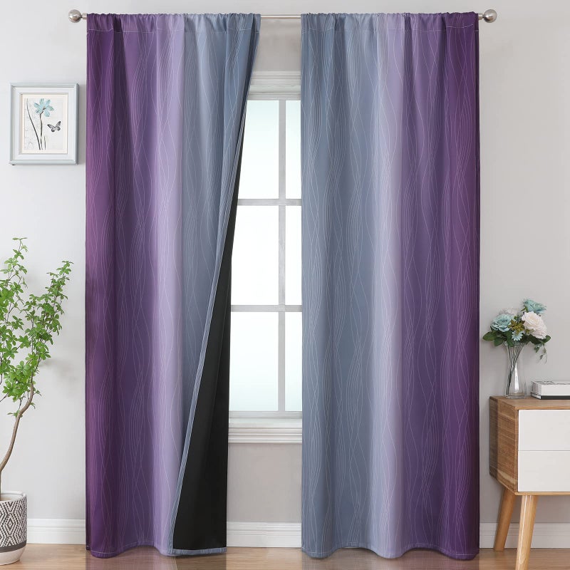 Estelar Textiler Purple and Grey Blackout Curtains for Bedroom  Light Blocking Two Tone Gradient Drapes with Wave Line Pattern  Room Darkening Rod Pocket Ombre Curtains for Boys Room 42Wx84L 2 Panels - Image 1