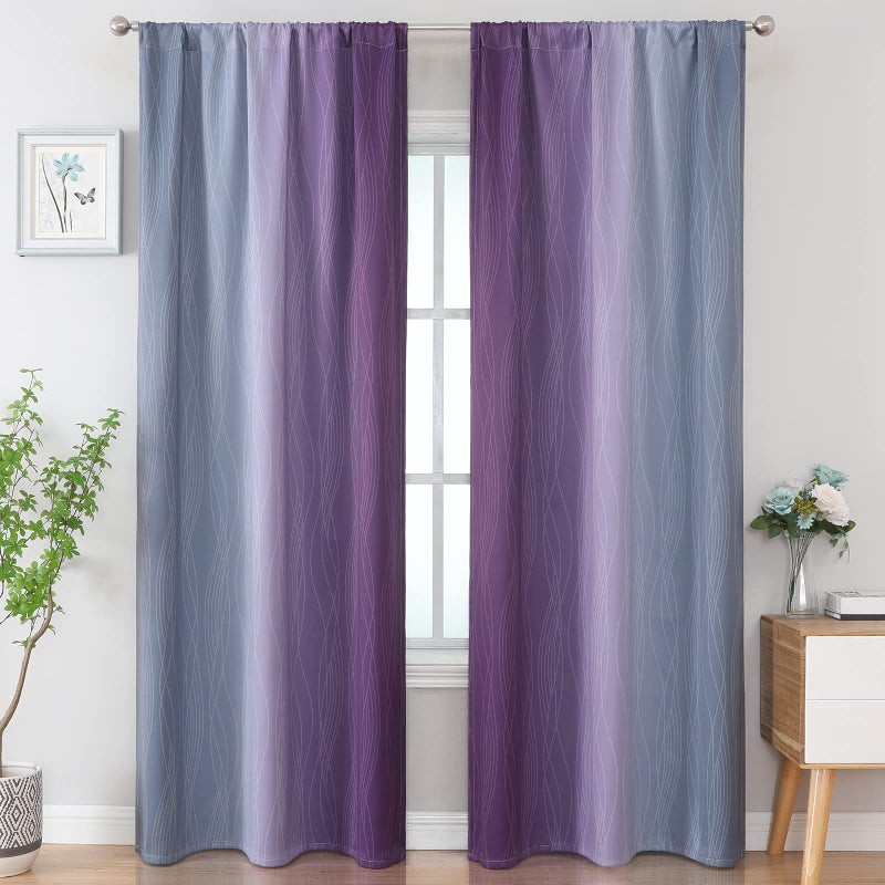 Estelar Textiler Purple and Grey Blackout Curtains for Bedroom  Light Blocking Two Tone Gradient Drapes with Wave Line Pattern  Room Darkening Rod Pocket Ombre Curtains for Boys Room 42Wx84L 2 Panels - Image 2