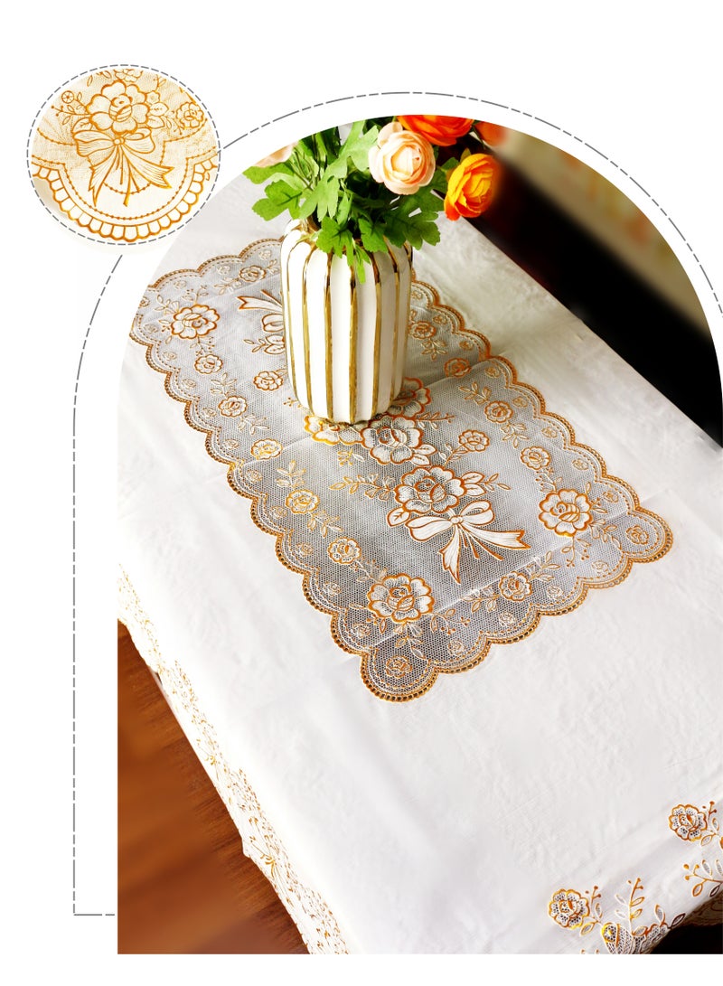 Bronzing Printed Waterproof Wash Free Rectangular Tablecloth, Golden White Background Table Cloth Cover, Oil-proof ,Dustproof ,Wrinkle-resistant, Anti-scald , High-temperature resistant , No Fading, Easy Wiping, European Luxury Style, Butterfly flower with Lace Edge, Drape,  Gloss, Home Kitchen Dinning Table Cloth, Living Room Coffee Table Cloth, TV Cabinet, Hotel Banquet,120x160cm(47X63inch) - Image 1