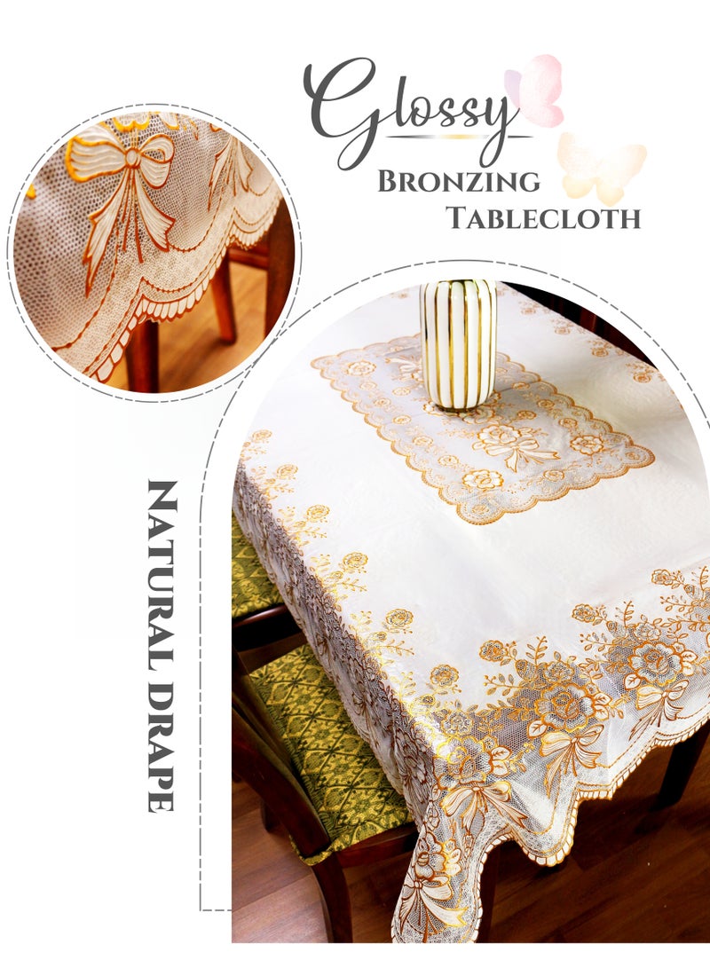 Bronzing Printed Waterproof Wash Free Rectangular Tablecloth, Golden White Background Table Cloth Cover, Oil-proof ,Dustproof ,Wrinkle-resistant, Anti-scald , High-temperature resistant , No Fading, Easy Wiping, European Luxury Style, Butterfly flower with Lace Edge, Drape,  Gloss, Home Kitchen Dinning Table Cloth, Living Room Coffee Table Cloth, TV Cabinet, Hotel Banquet,120x160cm(47X63inch) - Image 2