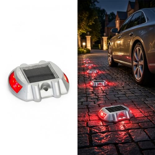 hardoll Solar Road Stud Light /Rechargeable6 LED Lamp Waterproof Outdoor Lantern Step Pathway Lights for Security Driveway (Red Flashing)(Metal) - Image 1