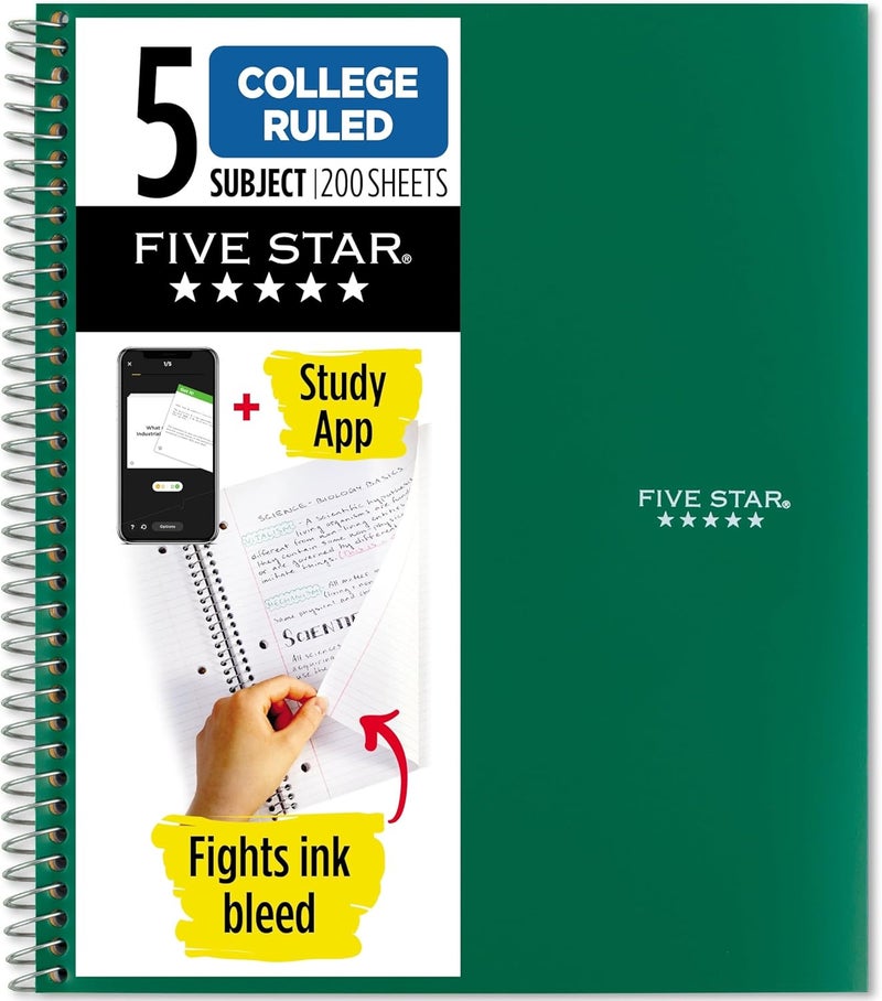 Five Star 5 Subject College Ruled Spiral Notebook with Study App - 200 Sheets, Green - Image 1