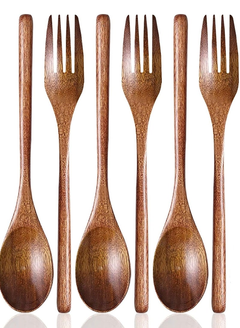 Set of 6 Wooden Soup Spoons and Forks for Parties, Banquets, Buffet, Restaurants, Canteens, and Daily Life