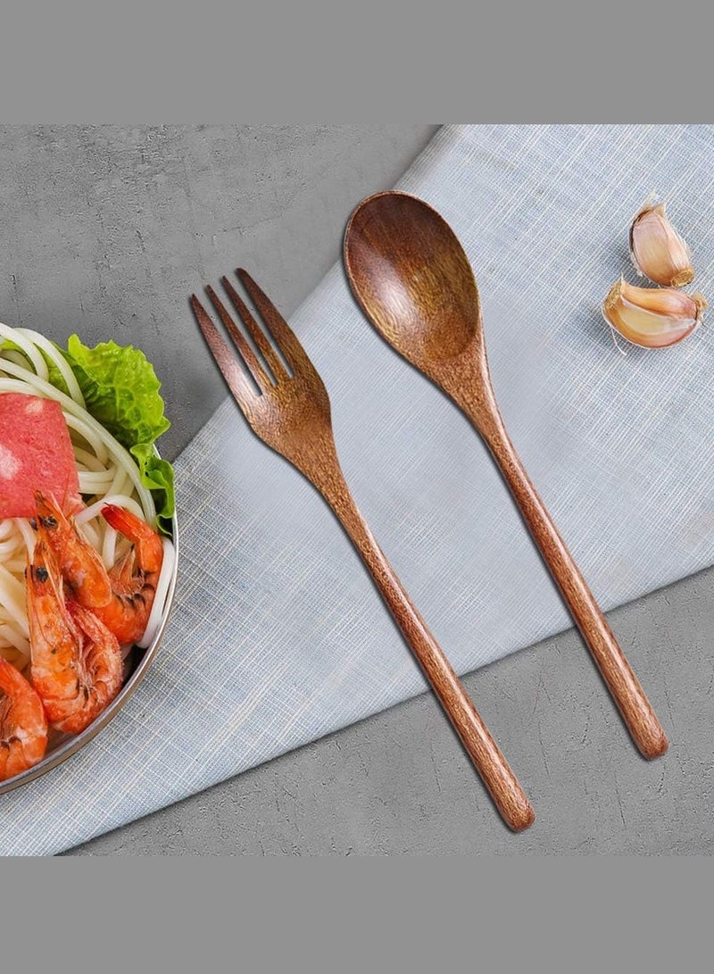 Set of 6 Wooden Soup Spoons and Forks for Parties, Banquets, Buffet, Restaurants, Canteens, and Daily Life
