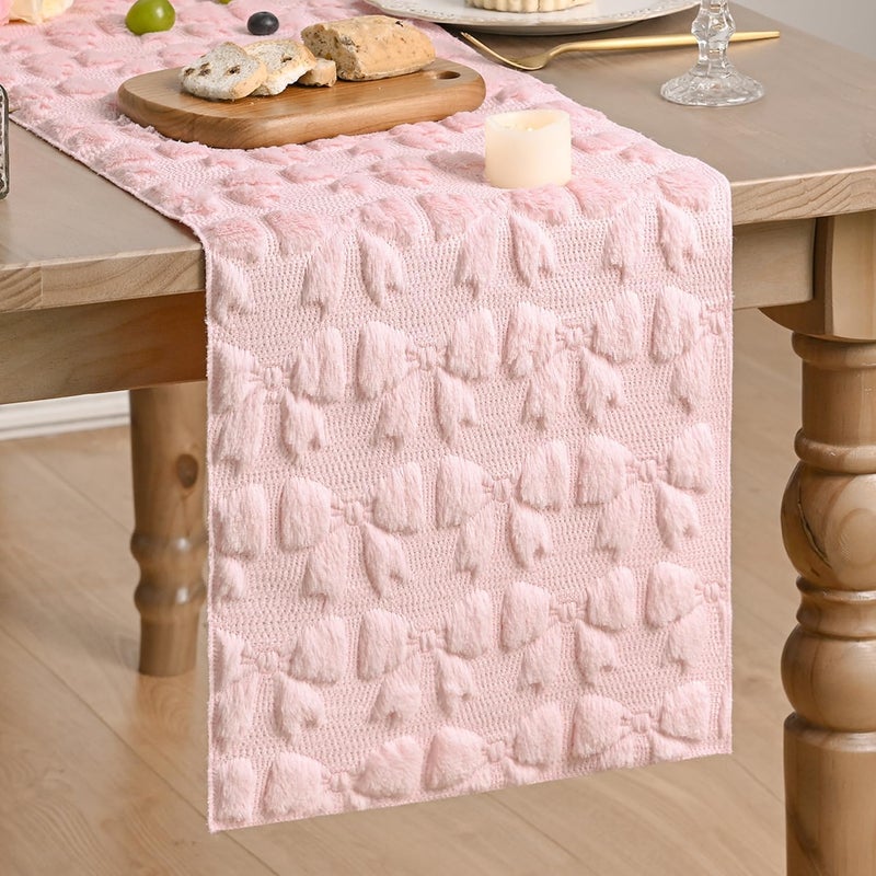 Artoid Mode Pink Soft Plush Faux Fur Jacquard Bows Table Runner, Valentine's Kitchen Dining Table Decoration for Home Party Decor 13x72 Inch - Image 1