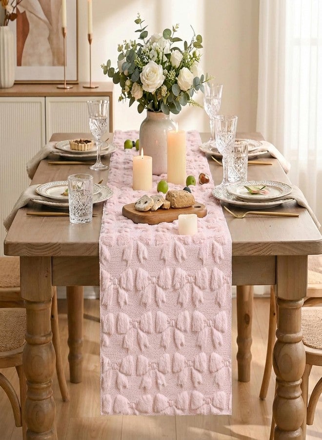 Artoid Mode Pink Soft Plush Faux Fur Jacquard Bows Table Runner, Valentine's Kitchen Dining Table Decoration for Home Party Decor 13x72 Inch - Image 2