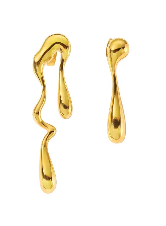 أقراط غير منتظمة على شكل قطرة ماء، أقراط غير متطابقة، أقراط متدلية غير متماثلة بتصميم سائل ذائب، أقراط ذهبية مميزة للنساء (ذهبي) - Image 1